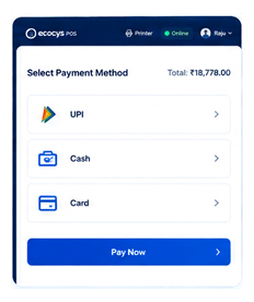 Ecocys POS — UPI, Cash and Card payment options